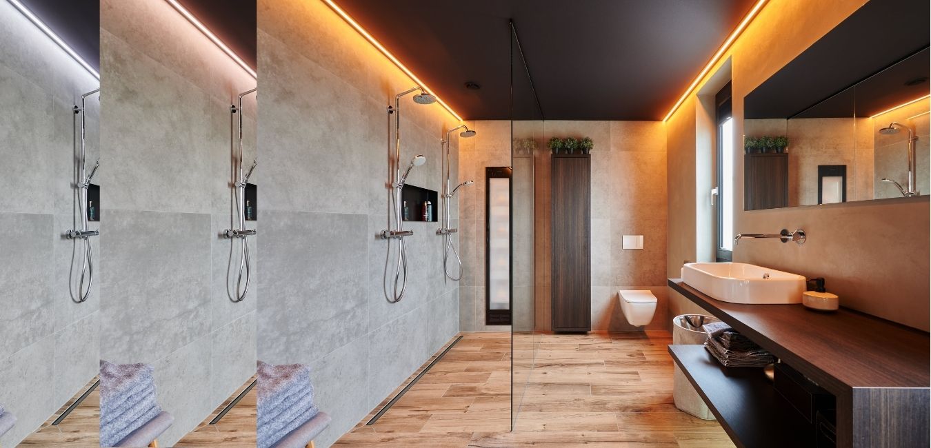 Plameco Spanndecken: Badezimmer mit Decke in Schwarz und Human Centric Lighting