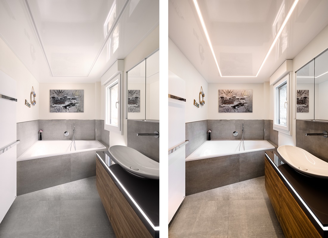 Plameco Spanndecken: Modernes Badezimmer Hochglanzdecke LED-Beleuchtung LED-Stripe