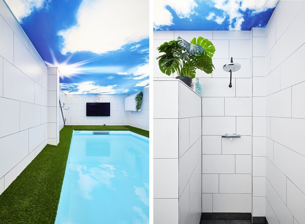 Plameco Spanndecken: Duschen und/oder Schwimmen unter blauen Himmel mit Schäfchenwolken – so lässt es sich genießen.