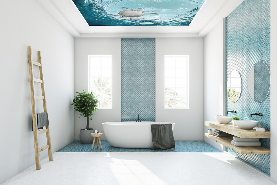 Plameco Spanndecken: Bedruckte Decke mit schwimmender Schildkröte, Badezimmer